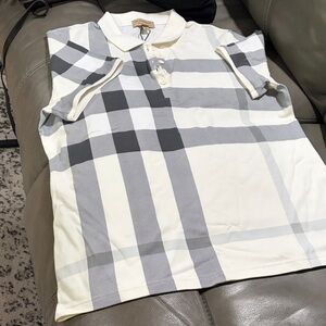 Burberry Cream and Gray Plaid Polo Shirt although it XL FITS LARGE